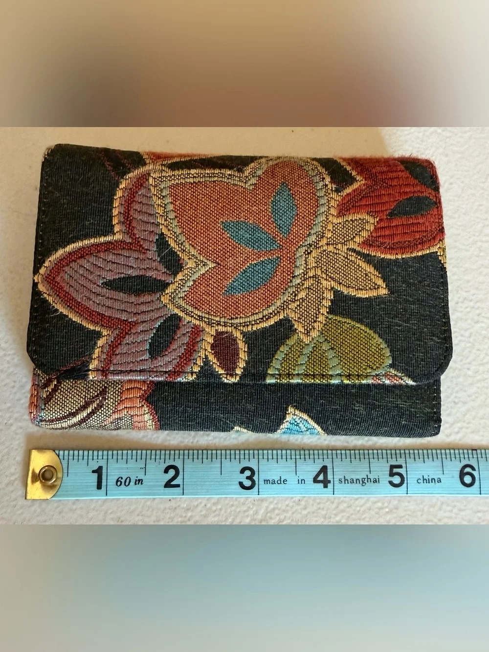 Floral Embroidered Wallet 3 Panel in Black with Multicolor Blooms